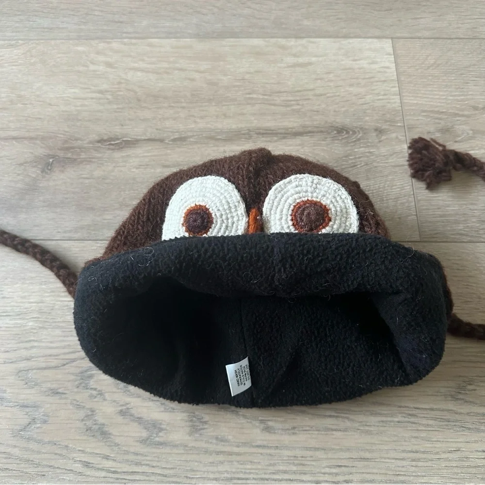 New Hand Knit 100% Wool Owl Animal Kids Hat Made In Nepal